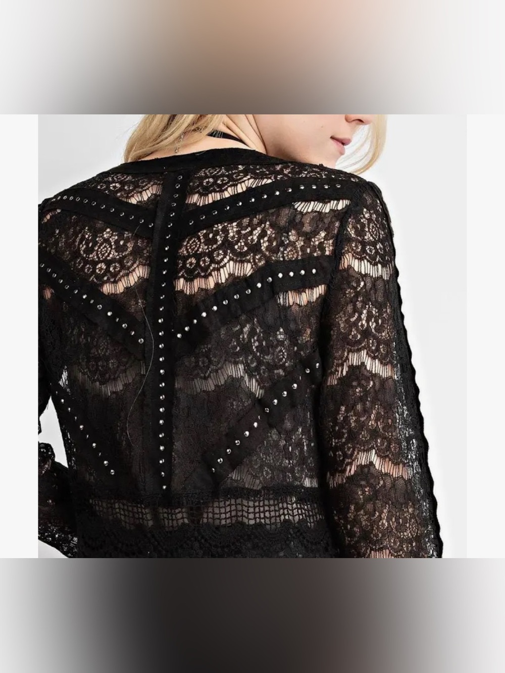 VOCAL Black Studded Lace Long Open Cardigan Duster Goth Women’s Size Large - Picture 9 of 10